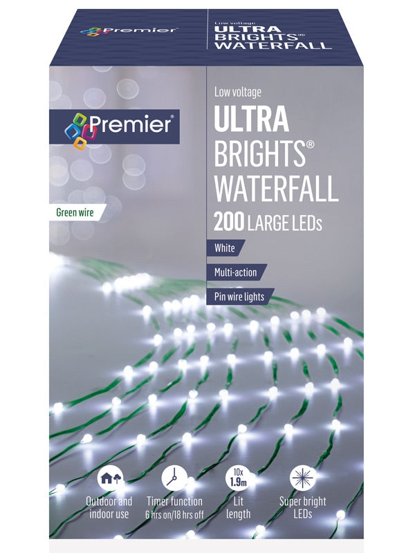 200 Multi-Action LED Ultrabrights Waterfall with Timer - White