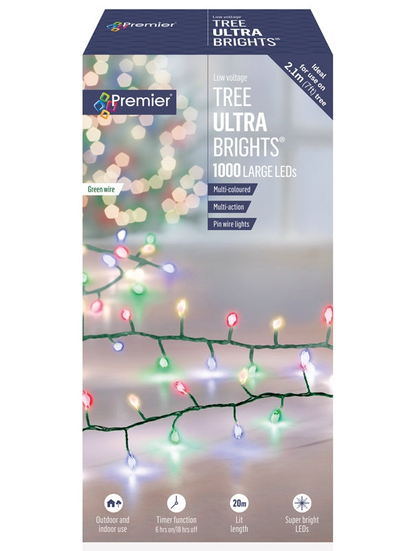 1000 Multi-Action Large LED Tree Ultrabrights with Timer - Multicolour