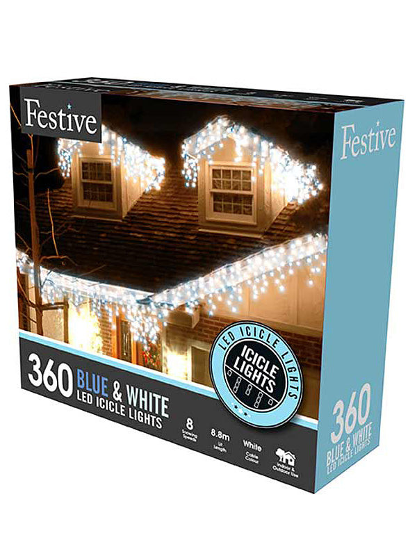 360 LED Snowing Icicle Christmas Lights - Blue & White