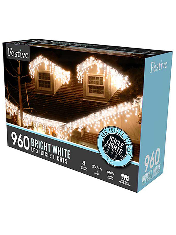 960 LED Snowing Icicle Christmas Lights - White 