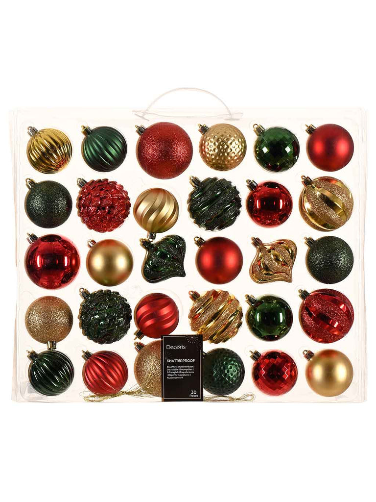 Pk 30 x 7cm Multi Pack Mix Shatterproof Baubles - Gold, Green, Red
