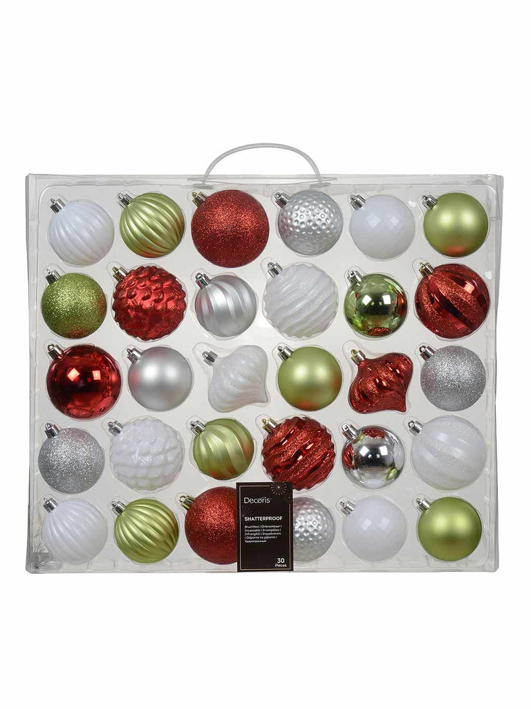 Pk 30 x 7cm Multi Pack Mix Shatterproof Baubles - Red, Silver, White, Green Tea