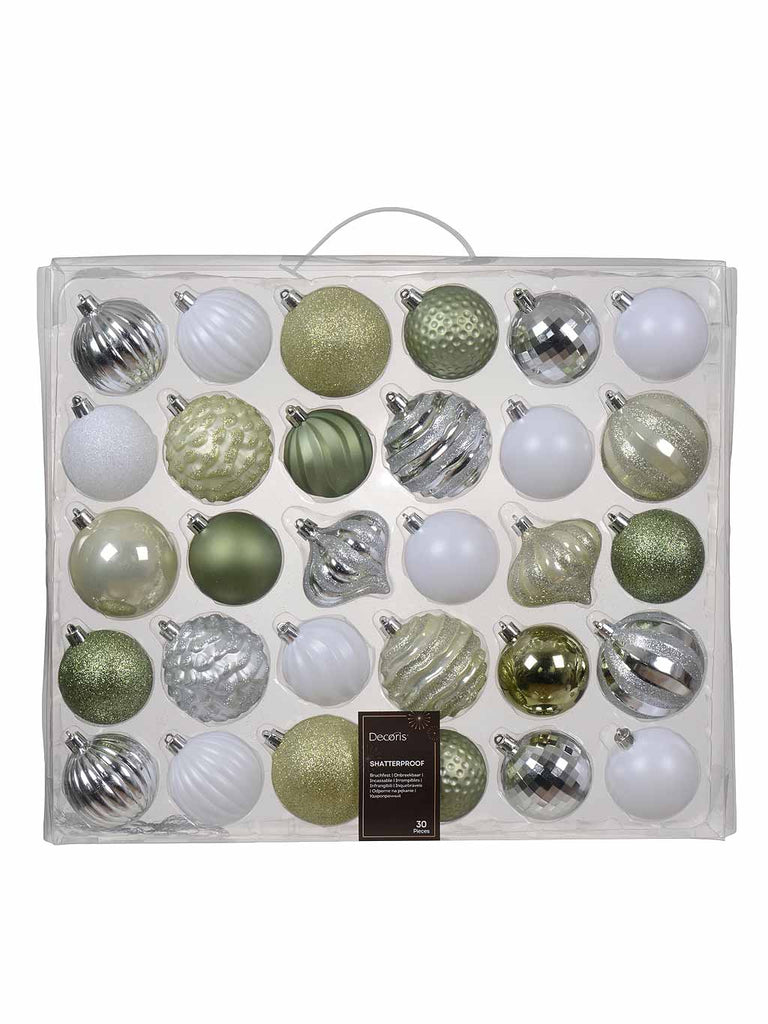 Pk 30 x 7cm Multi Pack Mix Shatterproof Baubles - Silver, White, White Mint, Rosemary Green