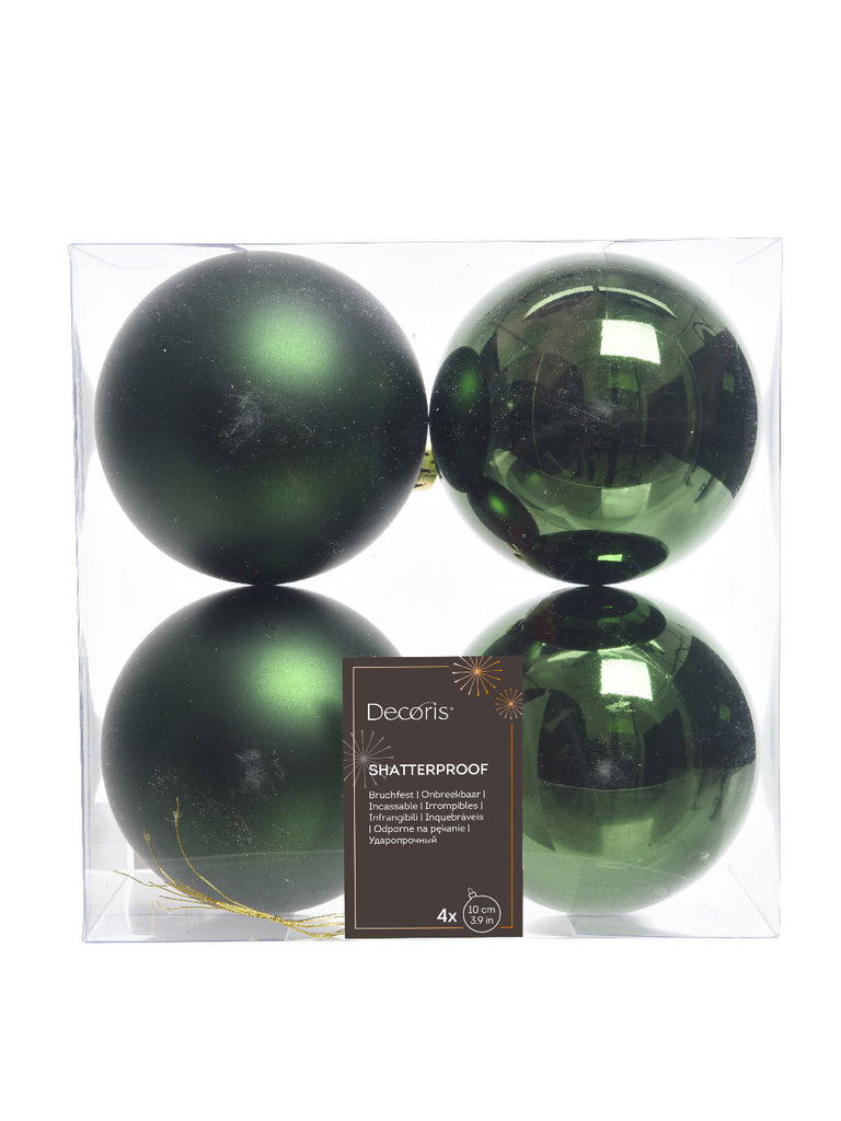 Pk 4 x 100mm Shatterpoof Baubles - Pine green
