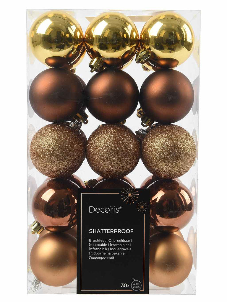 30 x 6cm Mixed Shatterproof Baubles - Gold/Brown