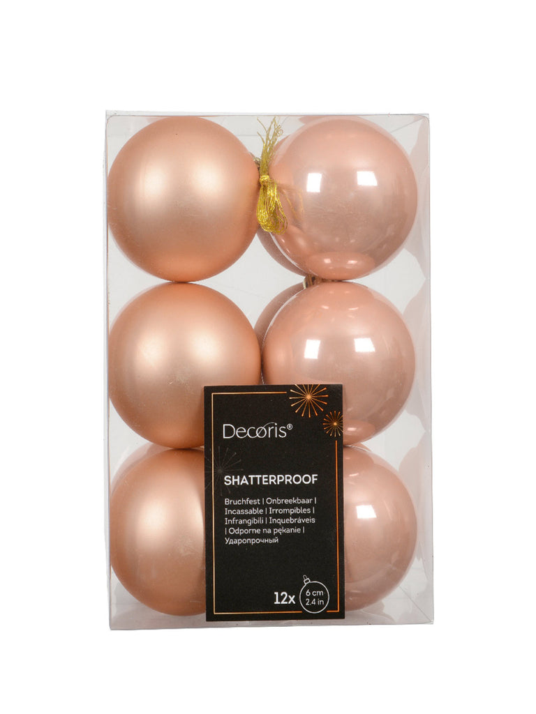 Pk 12 x 60mm Shatterproof Baubles - Peach Pearl