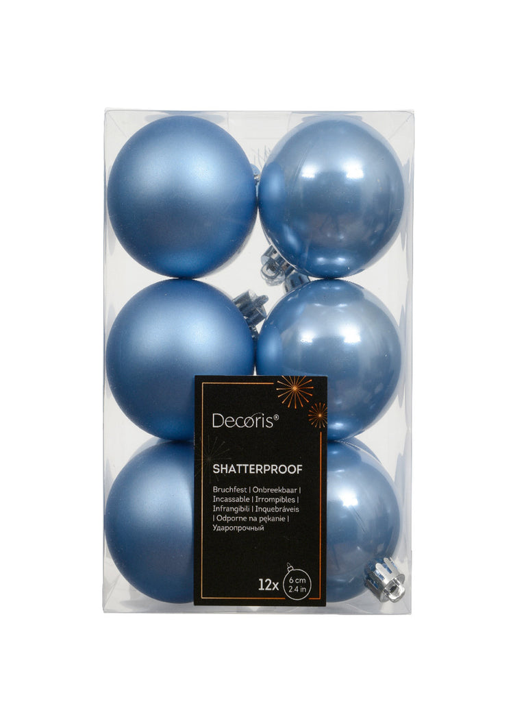 Pk 12 x 60mm Shatterproof Baubles - Sky Blue
