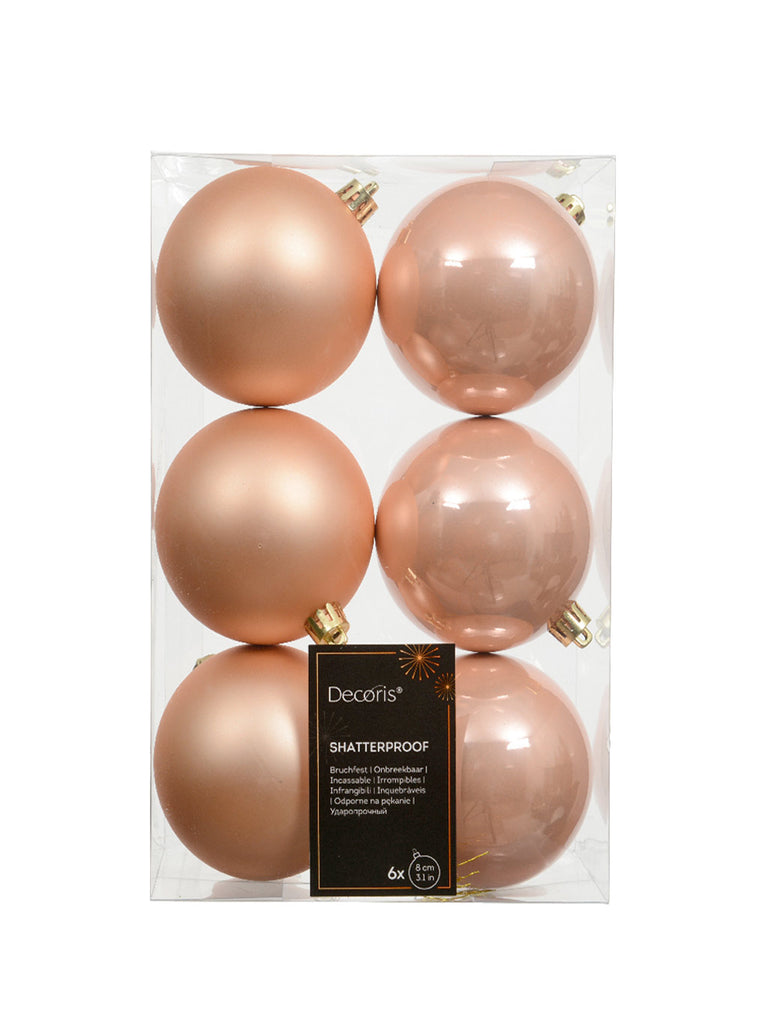 Pk 6 x 80mm Shatterproof Baubles - Peach Pearl