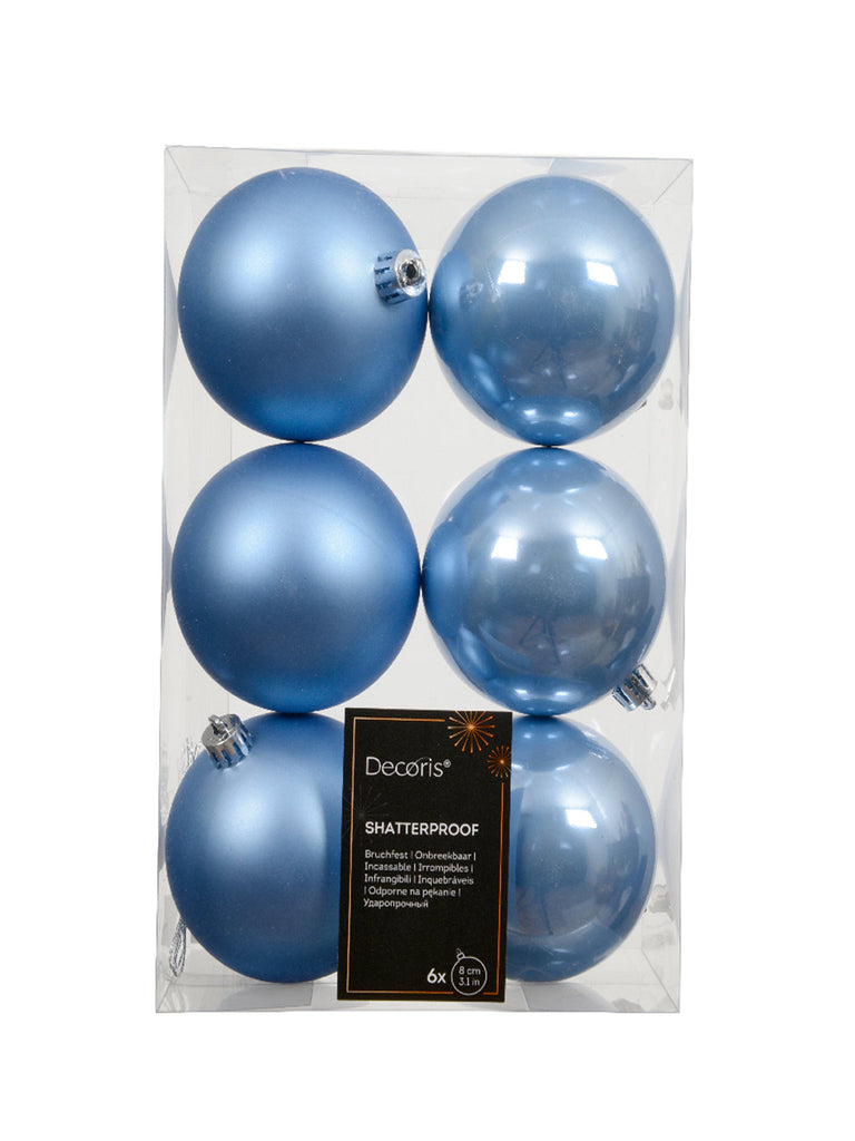 Pk 6 x 80mm Shatterproof Baubles - Sky Blue