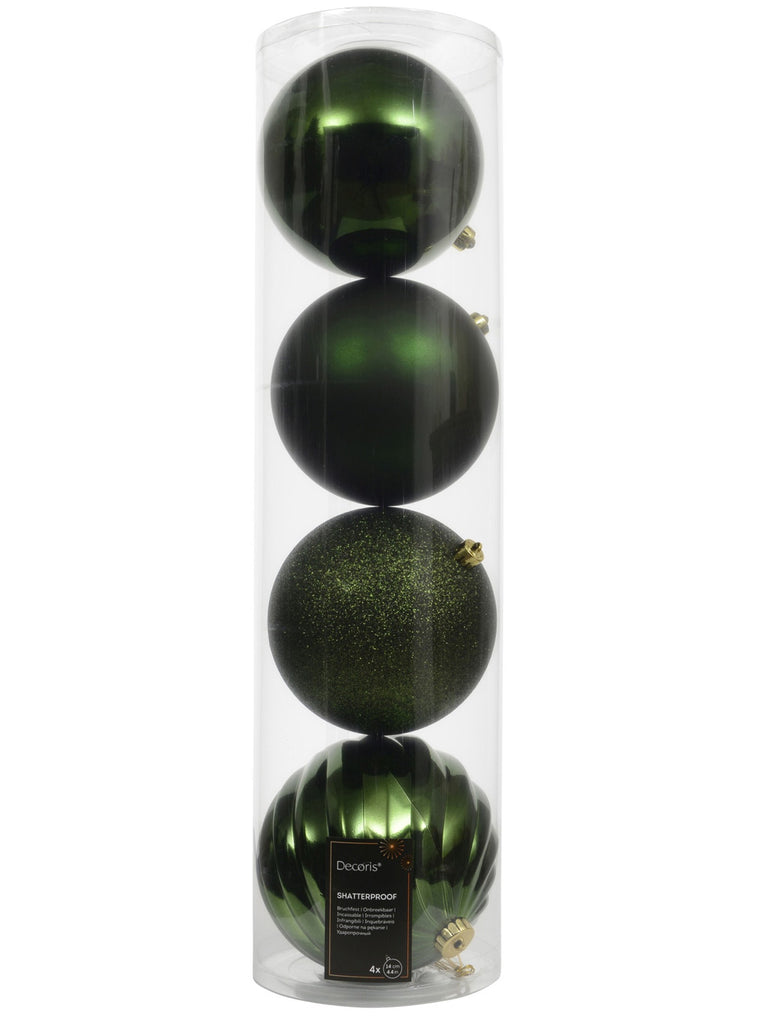 Pk 4 x 14cm Shatterproof Baubles - Pine Green Mix