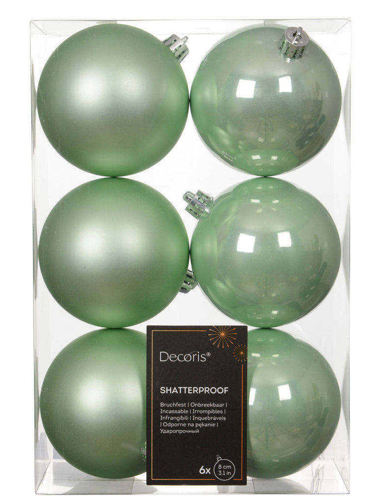 Pk 6 x 80mm Shatterproof Baubles - Icing Mint