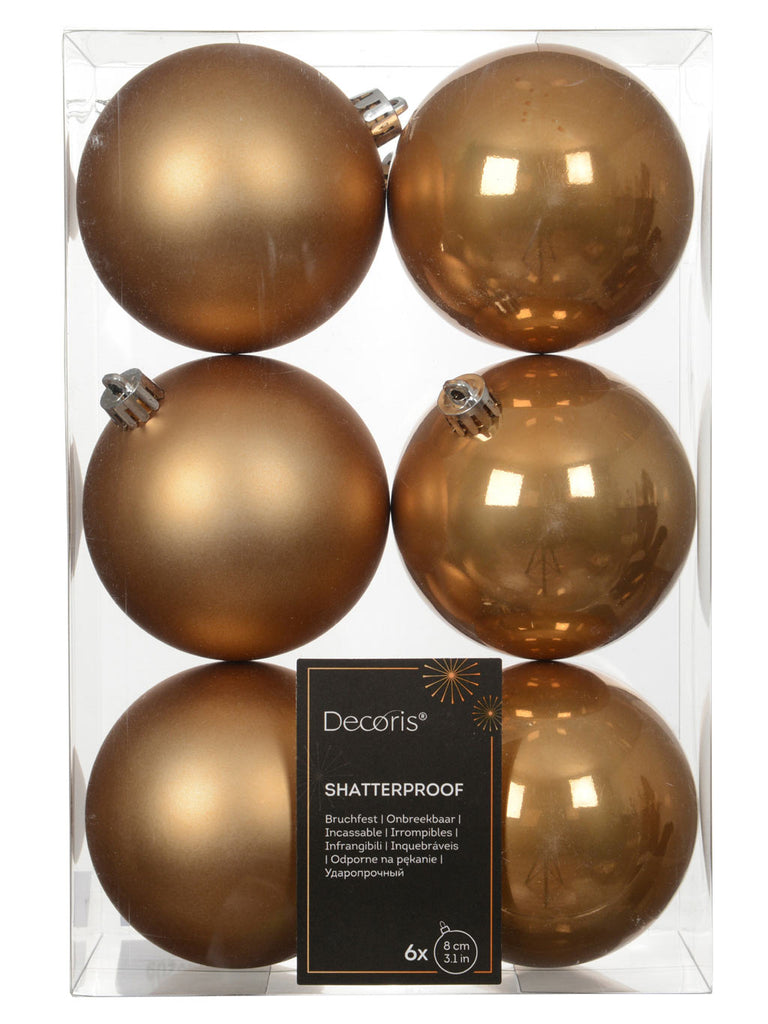 Pk 6 x 80mm Shatterproof Baubles - Caramel Brown
