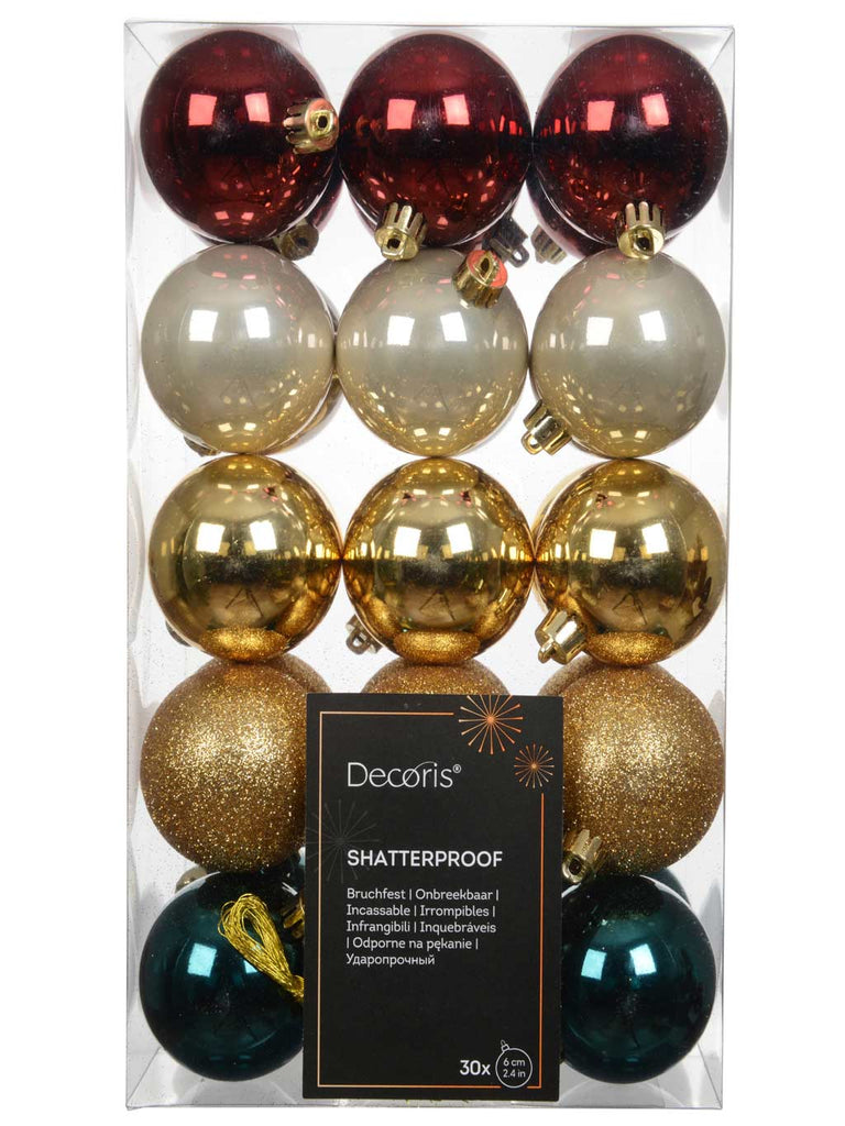 Pk 30 x 60mm Shatterproof Baubles - Oxblood,Pearl,Gold,Emerald