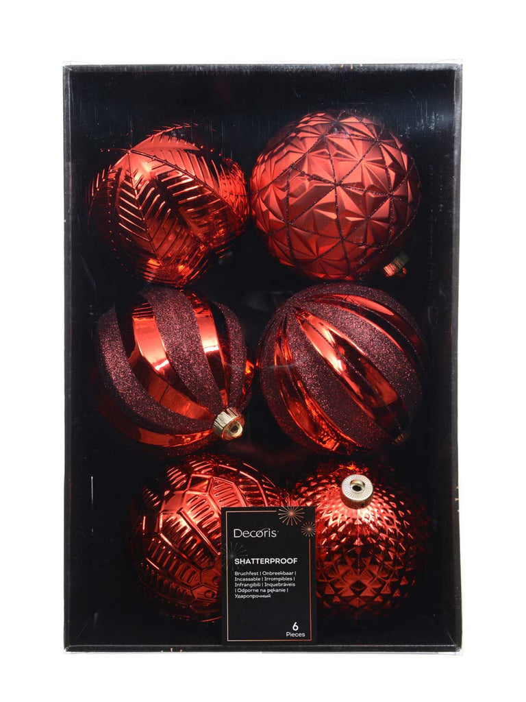 Pk 6 15cm Baubles Glitter/Matt Mix - Red