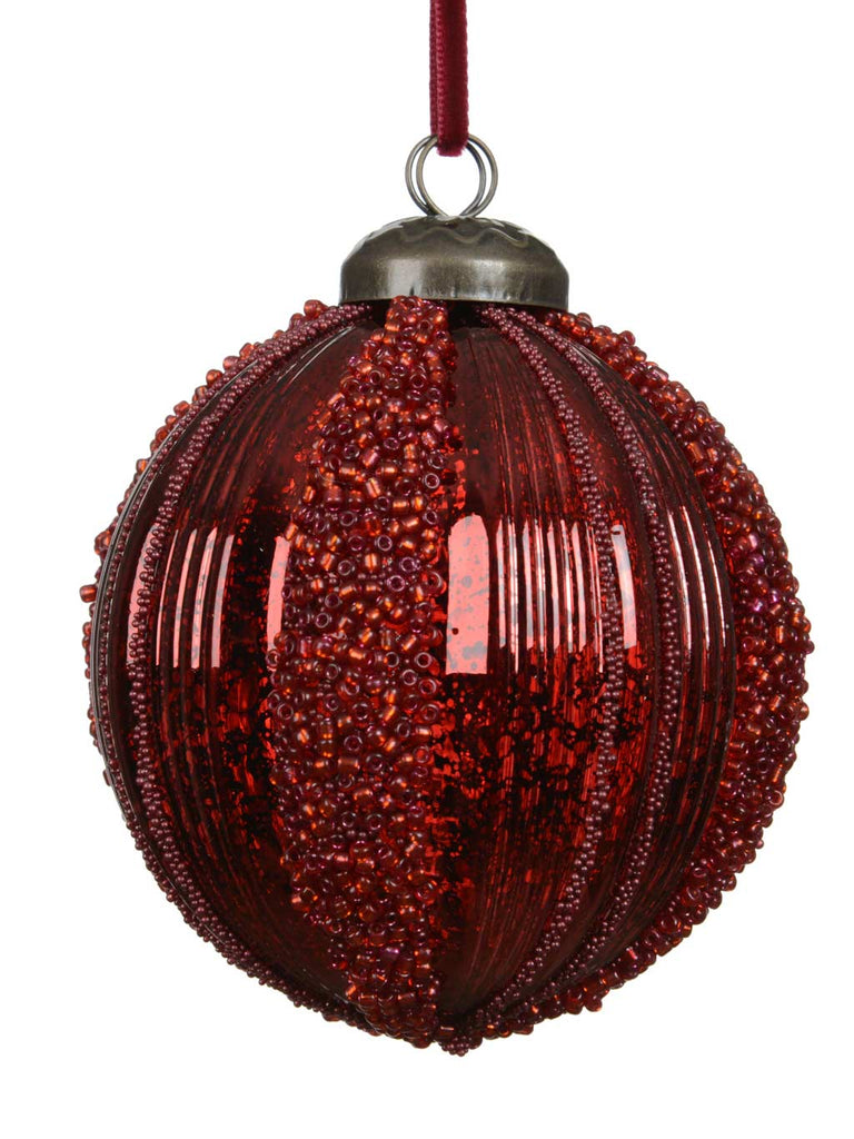 8cm Bauble with Antique Shiny Beaded Stripes - Oxblood