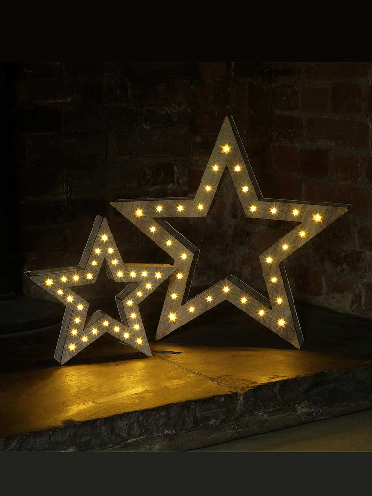 Set of 2 Lit Rustic Wooden Stars