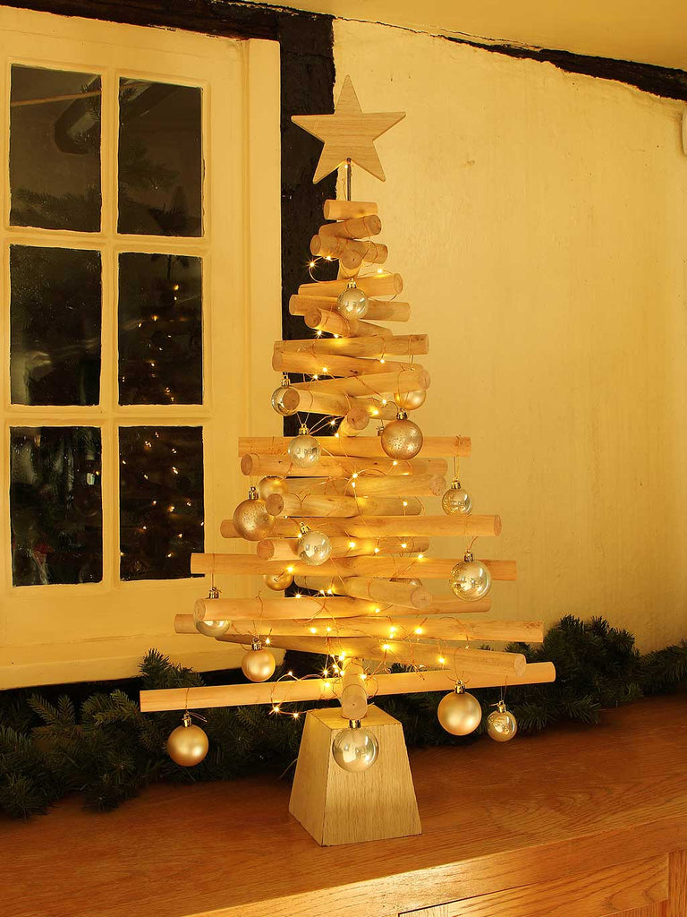 88cm Wooden Christmas Tree With Decs And Lights