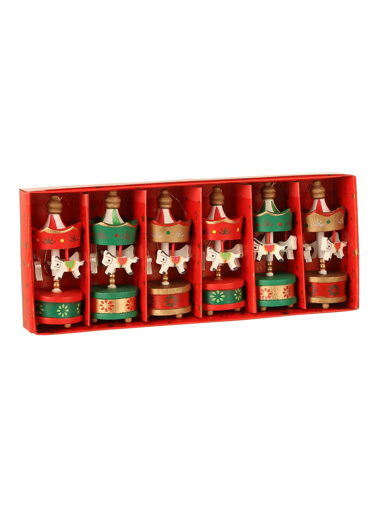 Pk 6 x Wooden Carousel Ornaments - Red