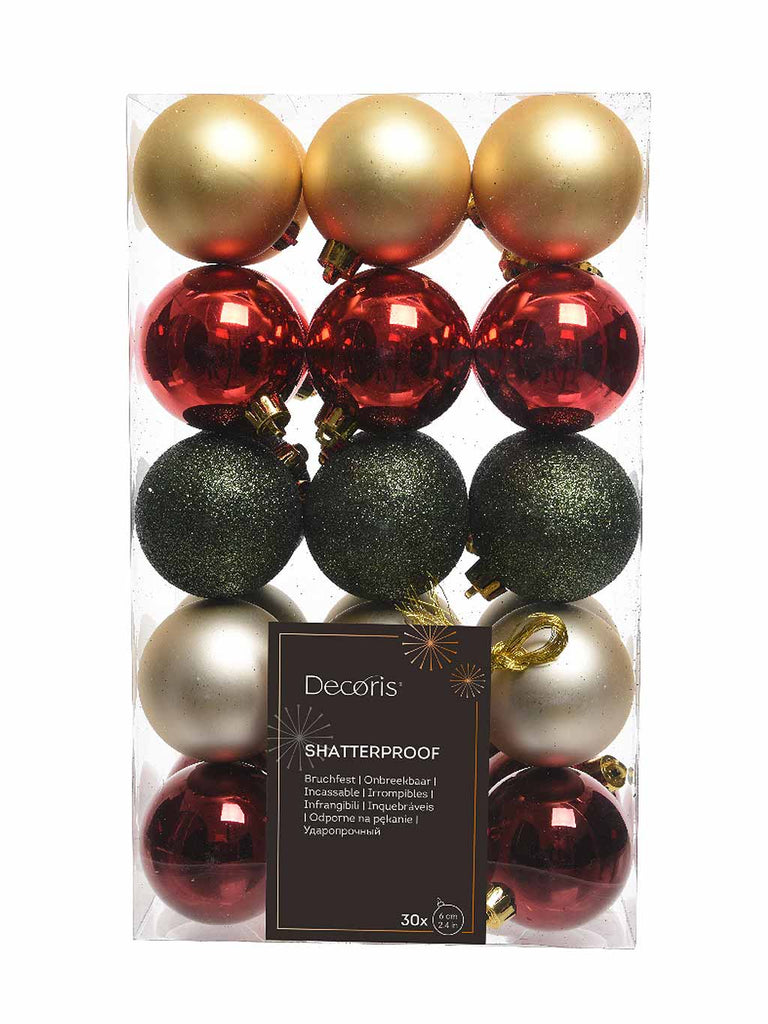 60mm Shatterproof Baubles - Red/Gold/Green/Cream/Mix - Pack of 30