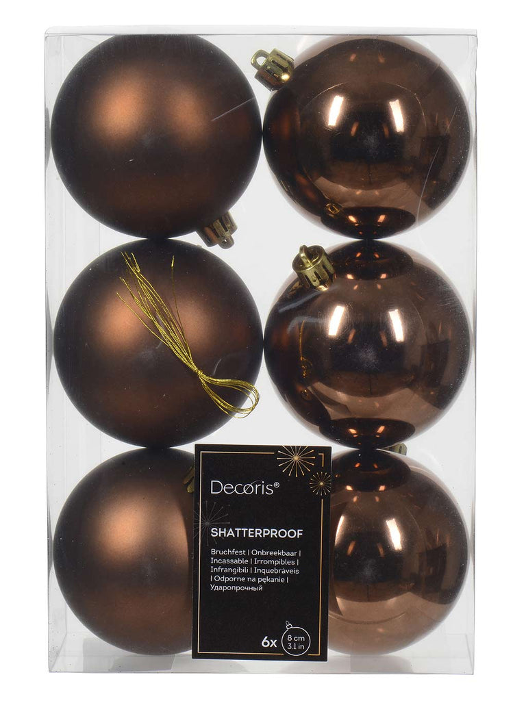 Pk 6 x 80mm Shatterproof Baubles - Espresso