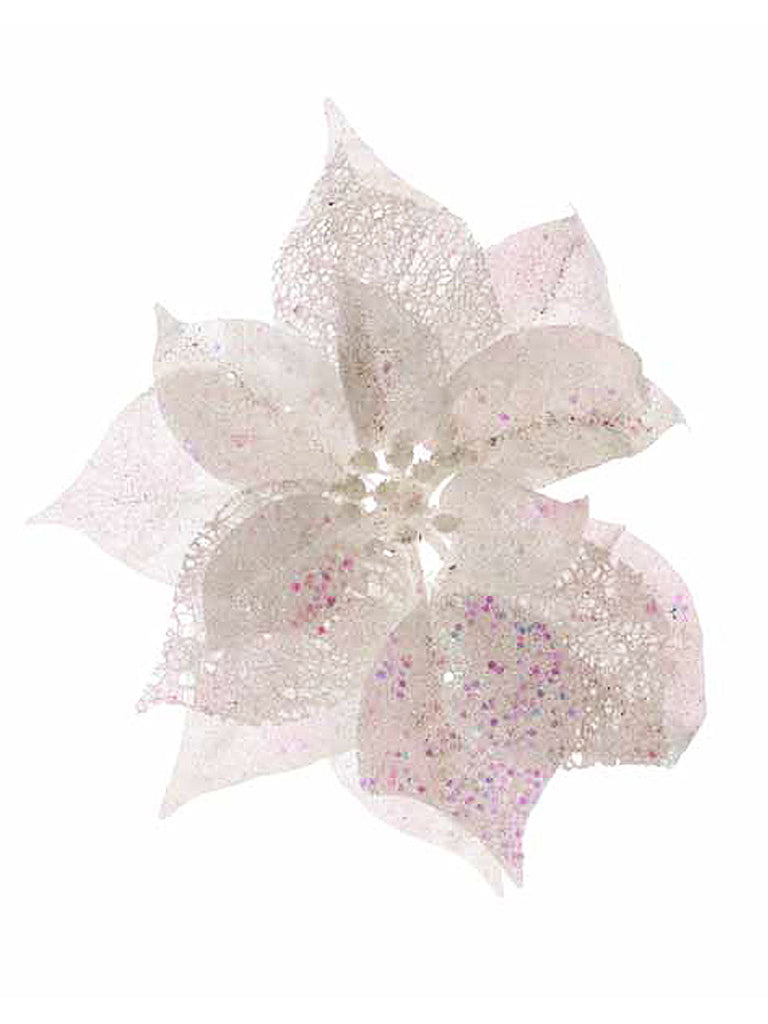 23cm Glitter Clip On Poinsettia - White