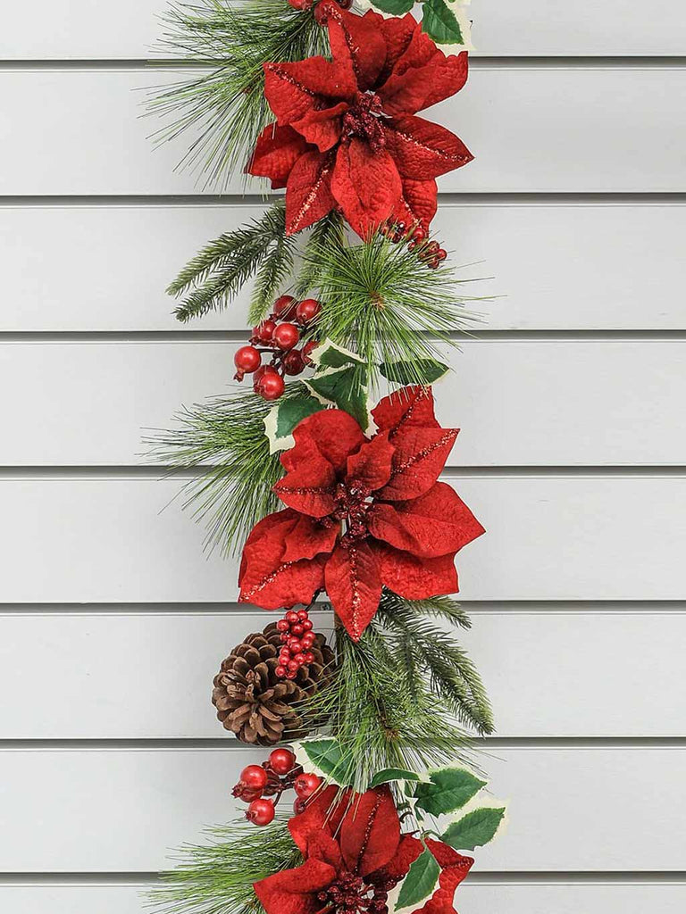 180cm (6ft) Red Poinsettia & Holly Garland
