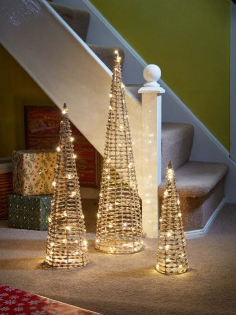 GlitterTwist Tree Set of 3 Lit Cones - Gold