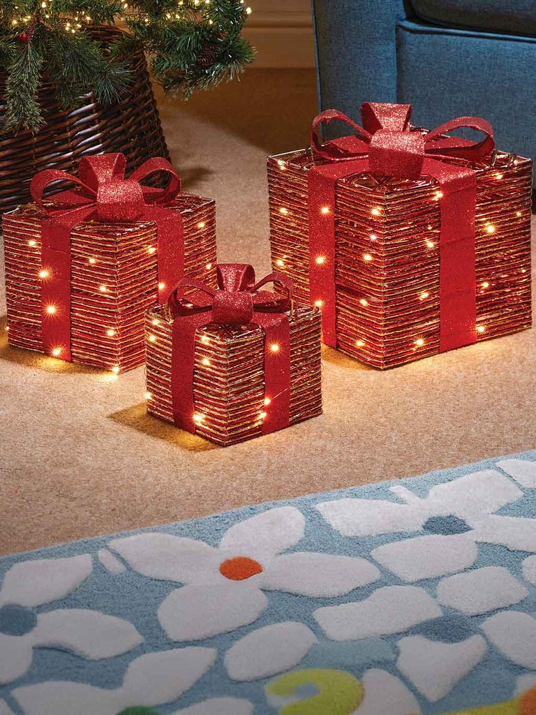 Set of 3 Red & Gold Braid Faux Gift Boxes