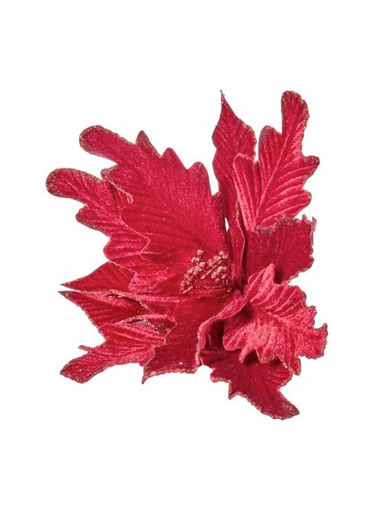 18cm Burgundy Velvet Flower with Glitter Trim Clip
