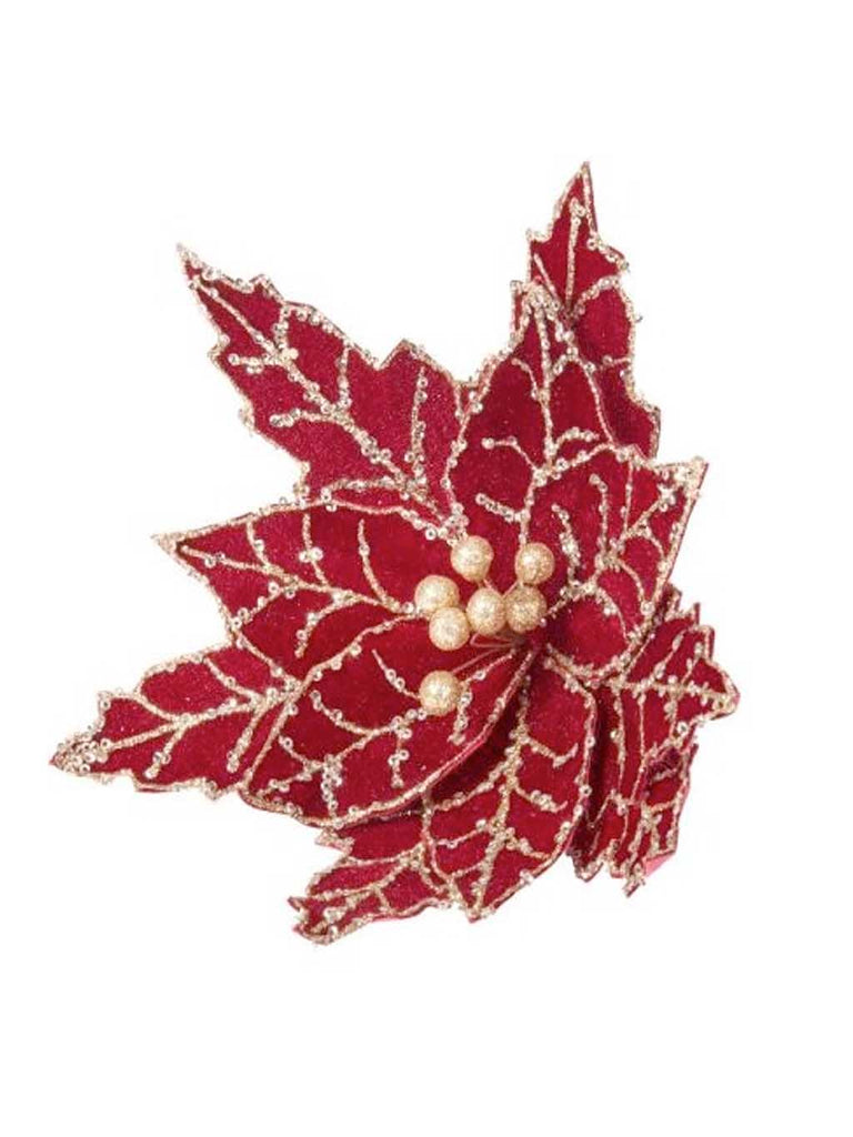 18cm Burgundy Poinsettia with Gold Outline Clip