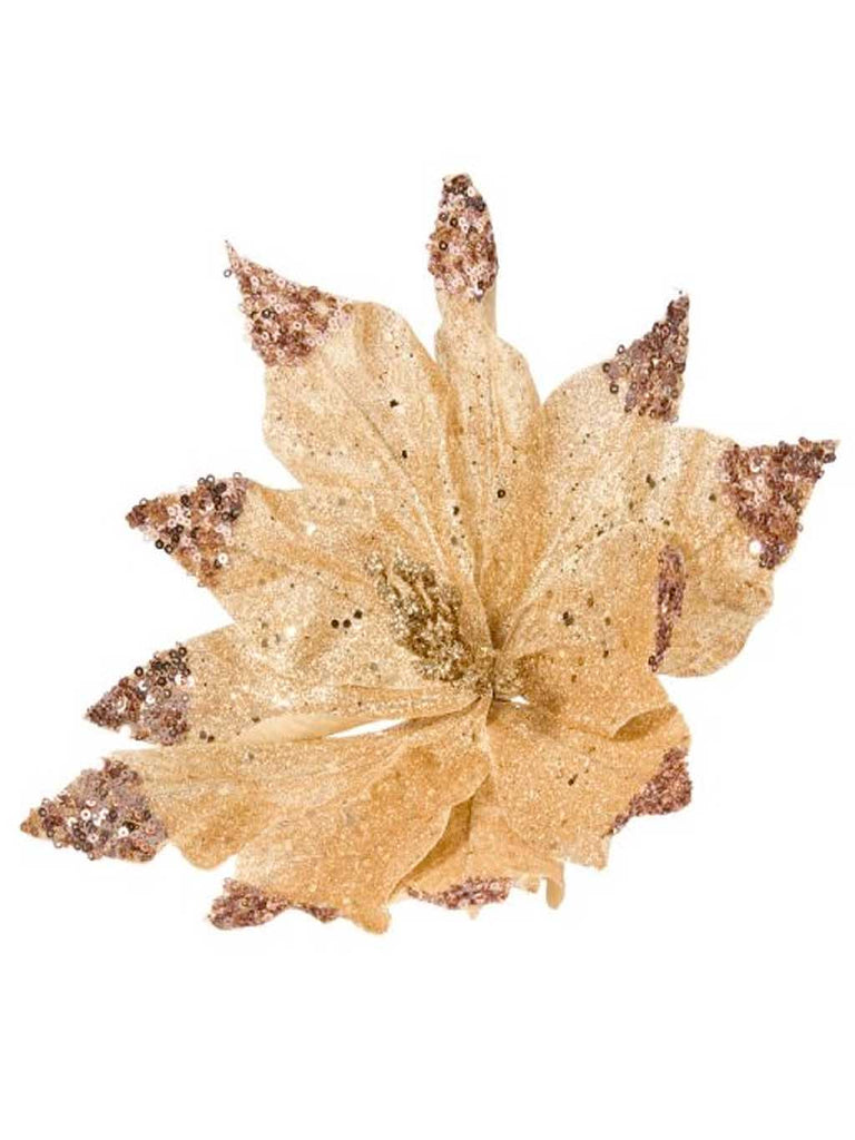 18cm Gold Velvet Poinsettia with Sequin Tips Clip