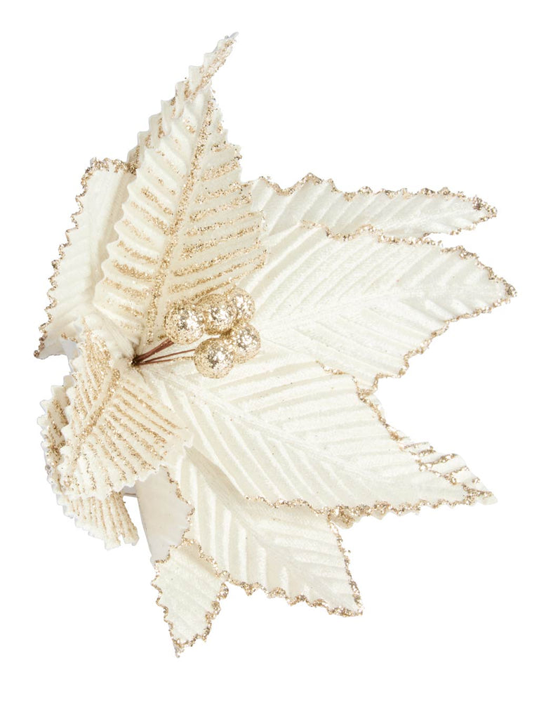 18cm Cream & Gold Clip Flower with Glitter