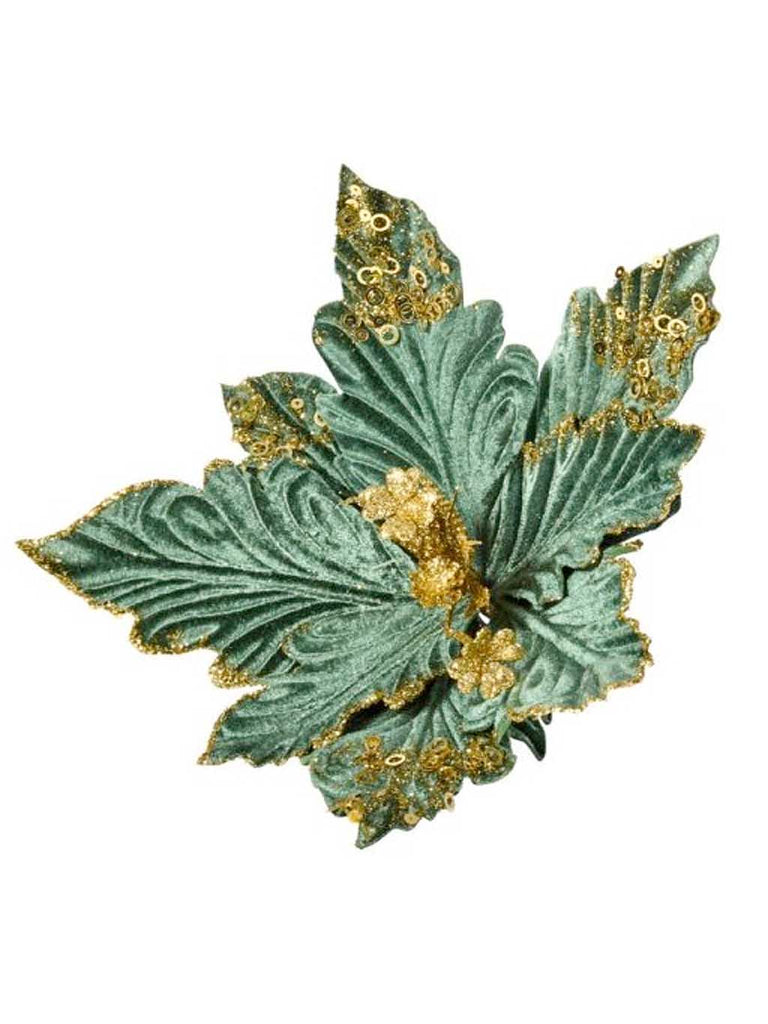 18cm Sage Green Poinsettia with Gold Sequins Clip
