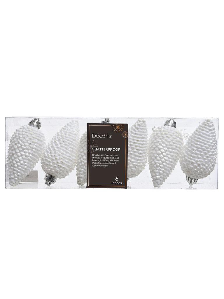 Set of 6 x 80mm Shatterproof Pinecones - White