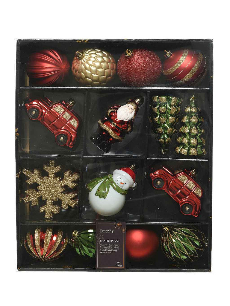 Pk 25 Mixed Box of Shatterproof Ornaments - Red, Green & Gold