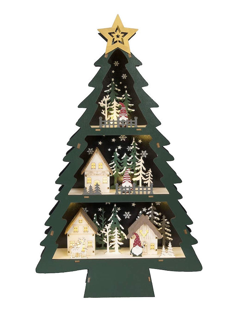 B/O Wood Christmas Tree Scene with 10 Warm White LEDs