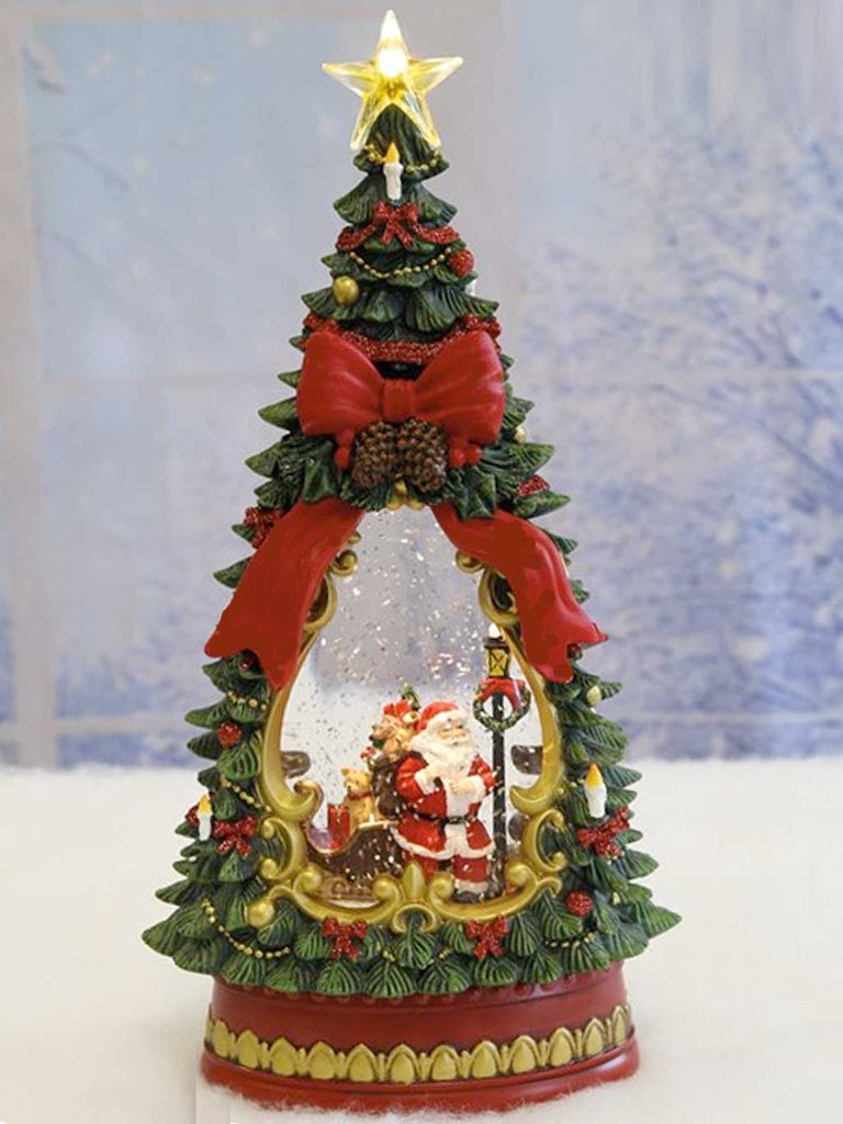 34cm B/O LED Santa with Lamppost in Tree Water Spinner