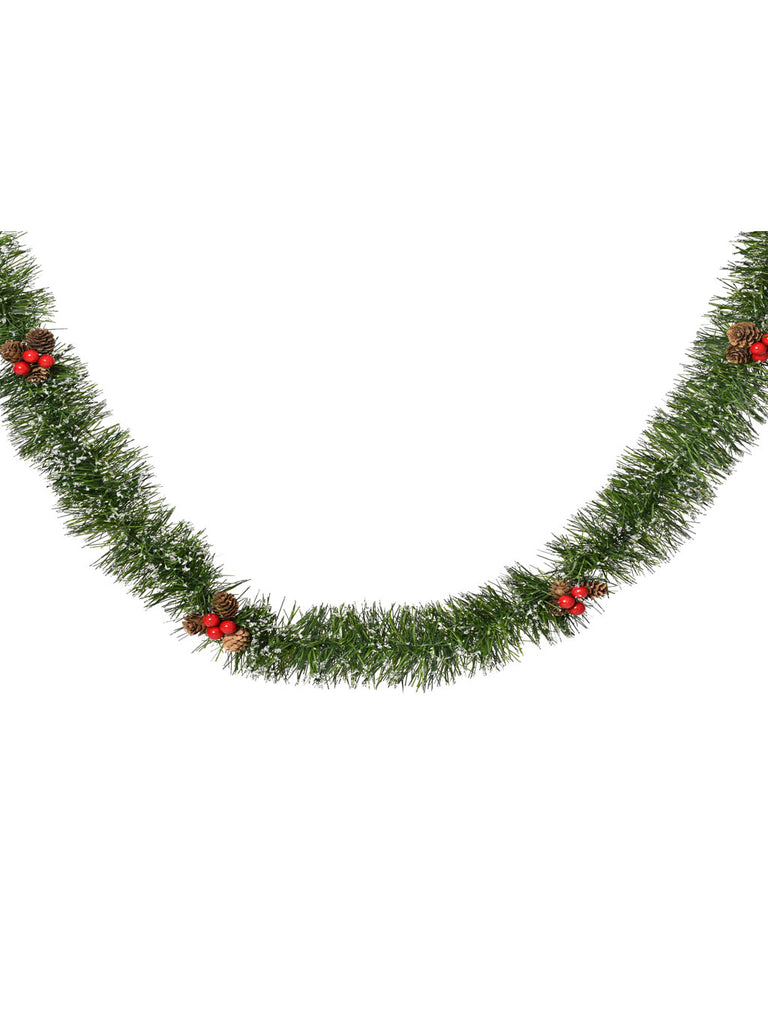 2.7M Shiny Tinsel Garland - Snow Effect Real Pinecones & Red Berries