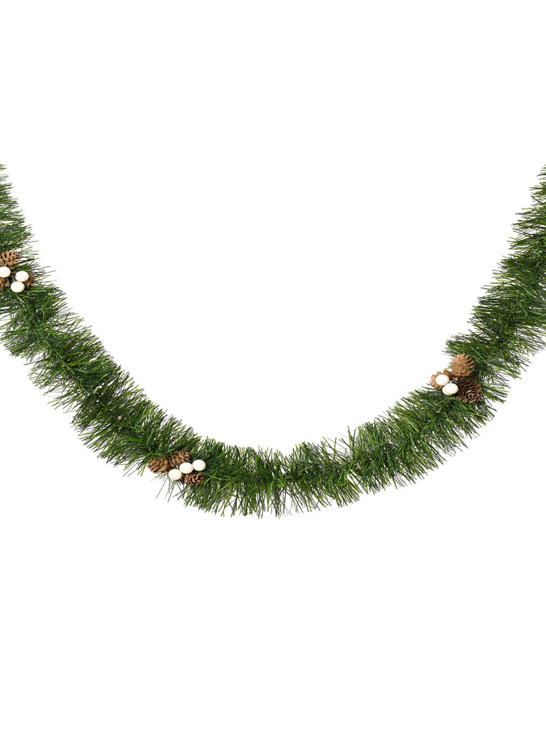 2.7M Shiny Tinsel Garland - Real Pinecones & White Berries