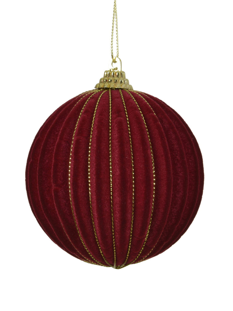 8cm Bauble Flock with Gold Wire Stripes - Oxblood