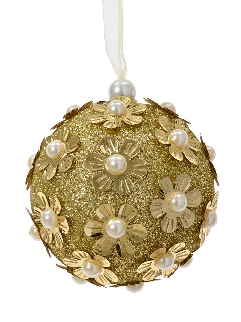 8cm Glitter Bauble with Pearl Flowers - Gold