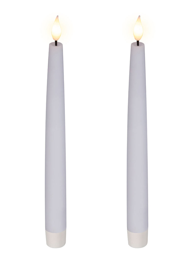 Pk 2 24cm B/O Realistic Wick Tapered White Dinner Candle LED Fire Flame Effect