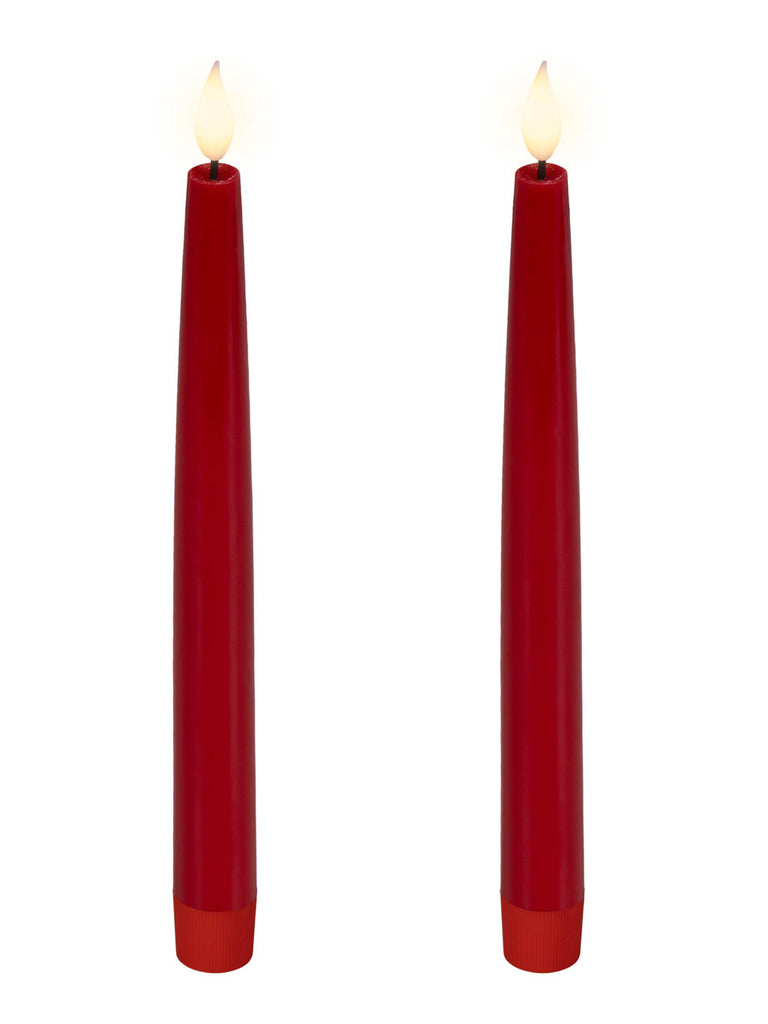 Pk 2 24cm B/O Realistic Wick Tapered Red Dinner Candle LED Fire Flame Effect