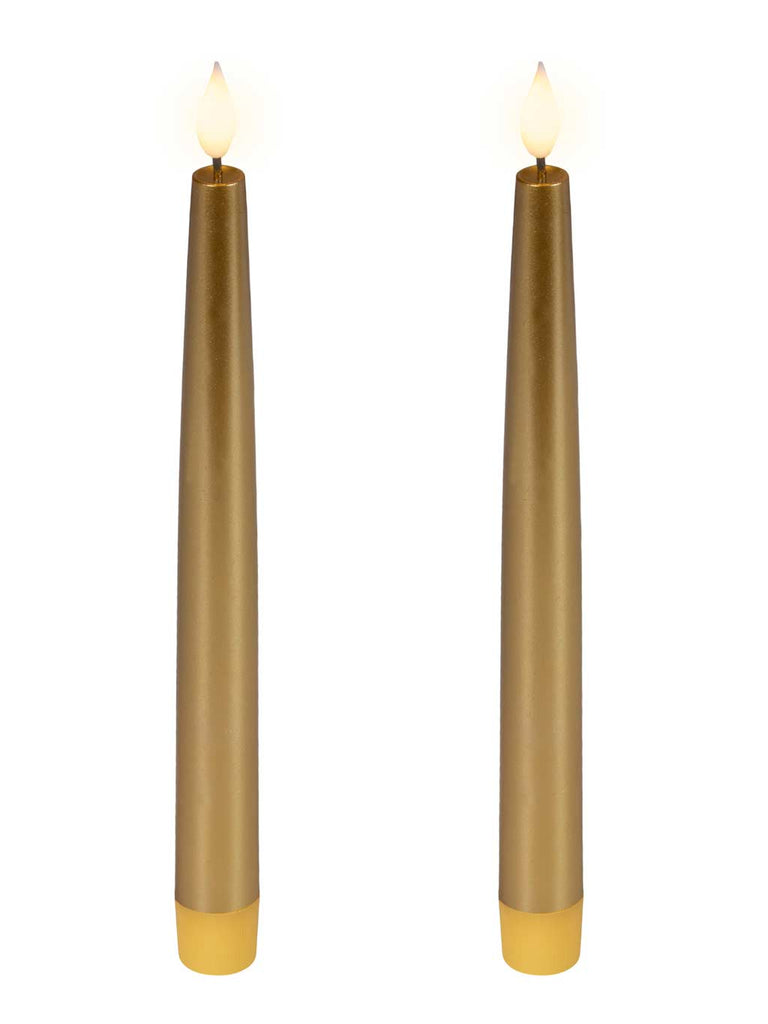 Pk 2 24cm B/O Realistic Wick Tapered Gold Dinner Candle LED Fire Flame Effect