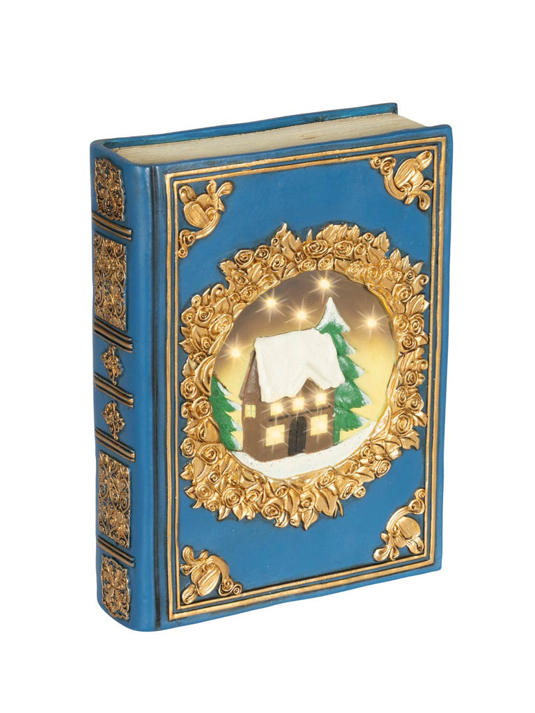 16 x 22cm B/O LED Blue Book Ornament with House - Warm White