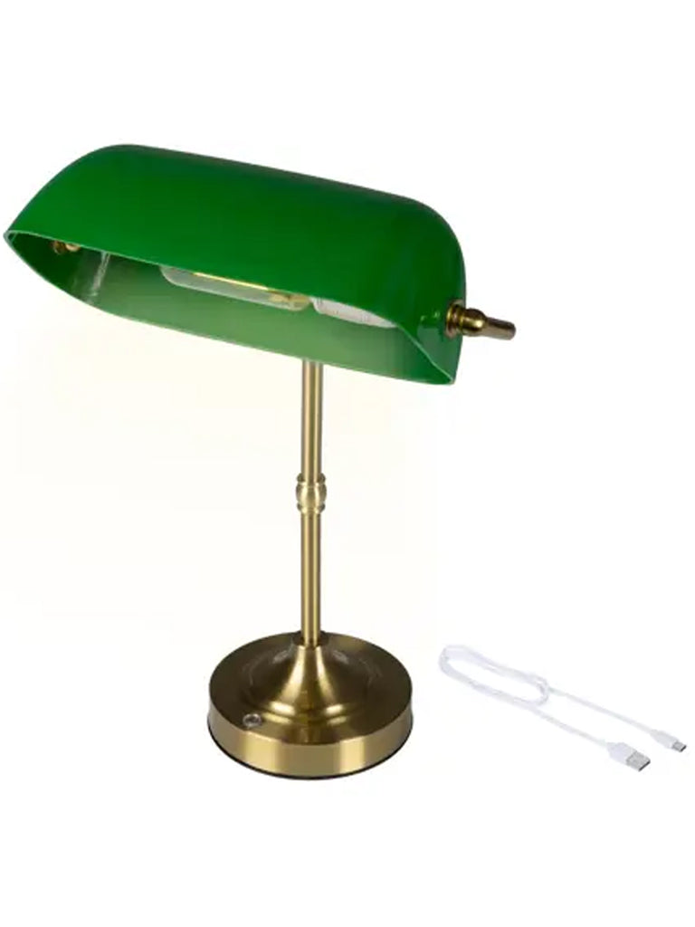 37cm B/O LED Iron Banker Table Lamp Green - Rechargeable  - Warm White