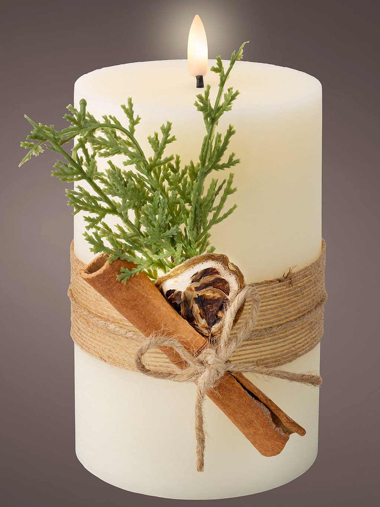 18cm B/O LED Wick Wax Candle with Leaf Decoration - Cream