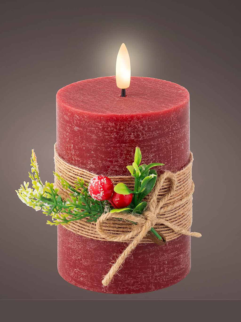 13cm B/O LED Wick Wax Candle with Leaf Decoration - Oxblood