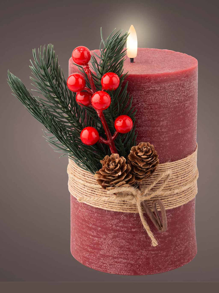 18cm B/O LED Wick Wax Candle with Leaf Decoration - Oxblood