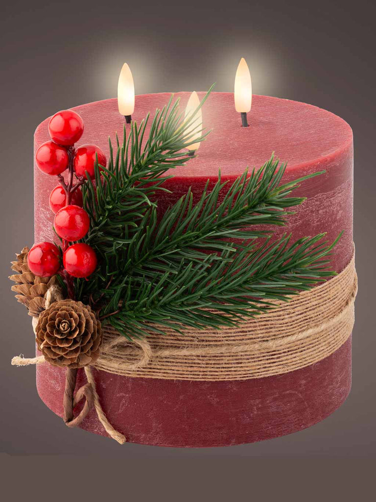 15cm B/O LED Wick Wax Candle with Leaf Decoration - Oxblood